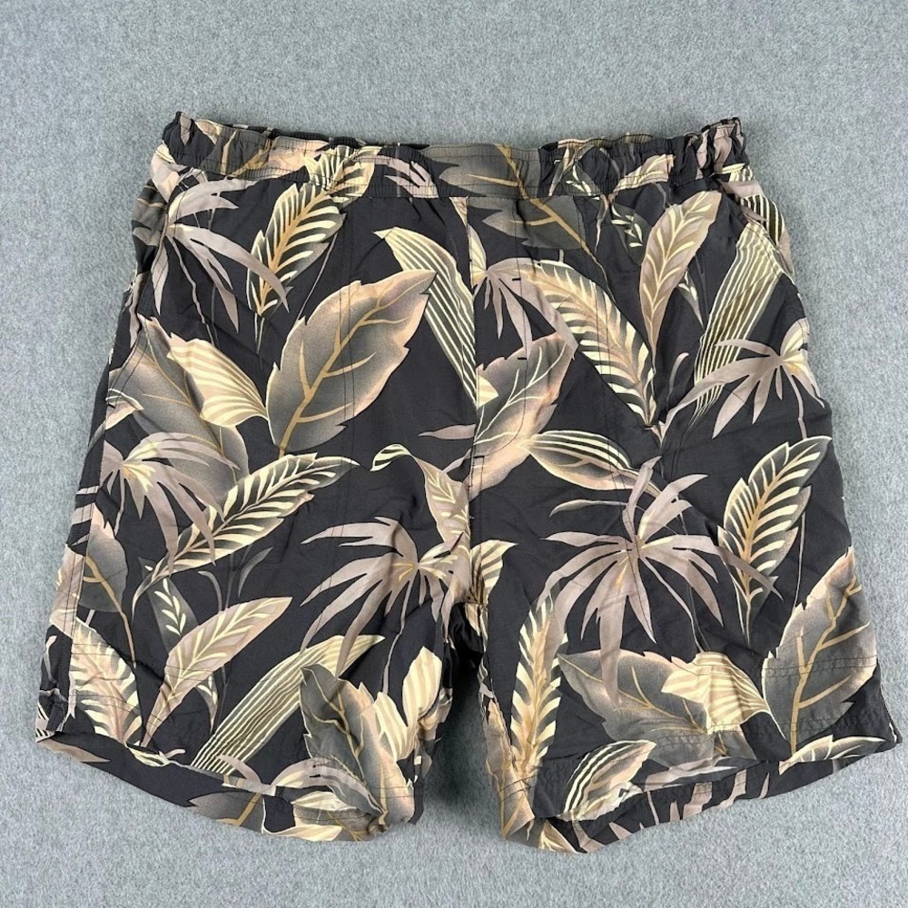 Tommy Bahama Mens Large Shorts Black Tropical Leaf Print Swim Trunks Board Short